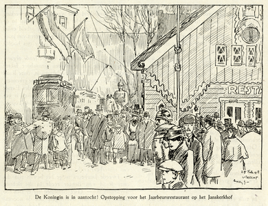 818008 Afbeelding van de drukte voor het Jaarbeursrestaurant op het Janskerkhof te Utrecht waar het publiek op afstand ...